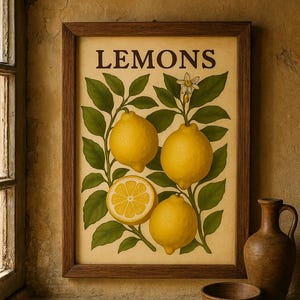 Rustikale Zitrone Wand Kunst Küche Zitrus Dekor Druckbare Botanische Obst Illustration Vintage Bauernhaus Stil Obst Druck