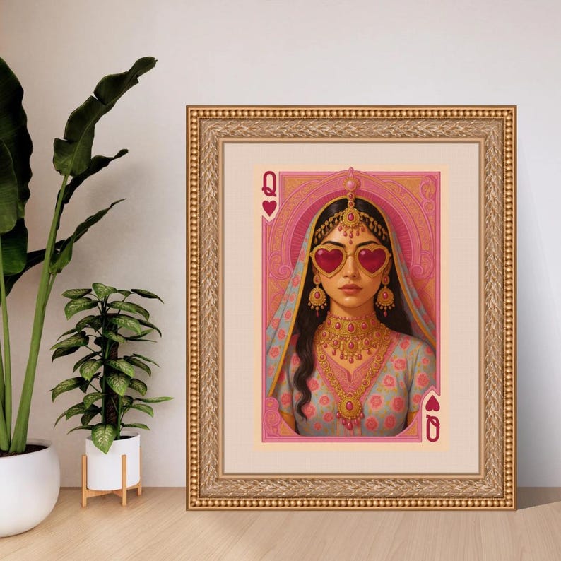 May include: Framed art print featuring a stylized illustration of a woman wearing heart-shaped sunglasses and traditional Indian jewelry. The artwork is set against a pink background and framed in a gold-colored frame. The image is a playing card with the Queen of Hearts.