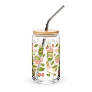 Girly Matcha Sipper Cup Matcha Lover Glass Tumbler Eco-Friendly Cup with Bamboo Lid & Straw Kawaii Tea Design