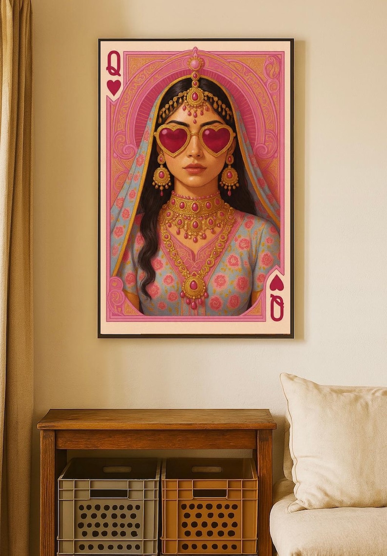 May include: A framed art print featuring a woman adorned in traditional Indian attire, including a headpiece, jewelry, and heart-shaped sunglasses. The artwork is set against a pink and blue backdrop, with the Queen of Hearts card symbols.