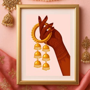 Impressão artística de Henna nupcial Desi: Gold Jhumar, decoração de casamento paquistanesa (download digital)