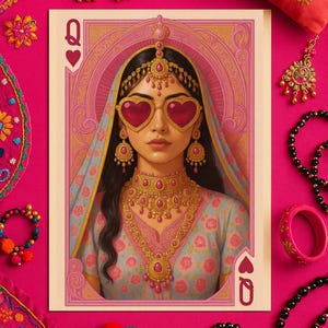 May include: A vibrant image featuring a playing card with a portrait of a woman wearing heart-shaped sunglasses and ornate gold jewelry. The card is surrounded by matching jewelry and accessories on a bright pink background.