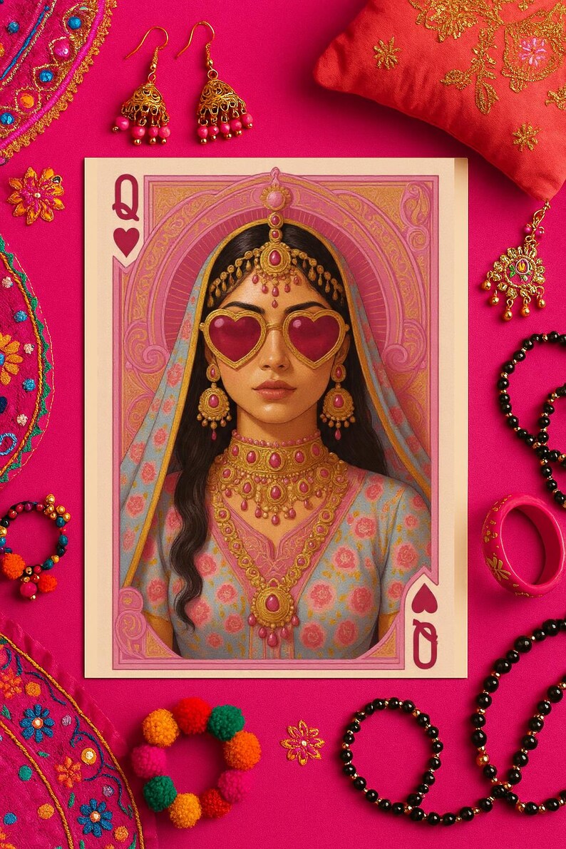 May include: A vibrant image featuring a playing card with a portrait of a woman wearing heart-shaped sunglasses and ornate gold jewelry. The card is surrounded by matching jewelry and accessories on a bright pink background.