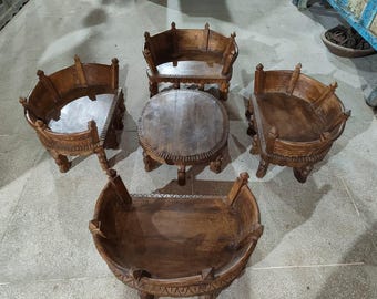Rustic Handcrafted Wooden Living Room Chair Set with Round Coffee Table | Traditional Indian Solid Wood Furniture Set for Home Décor