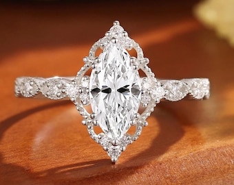Vintage Marquise Moissanite Engagement Ring, 14KSolid White Gold Bridal Ring, Scalloped Halo Wedding Ring, Art Deco Ring, Milgrain Leaf Band