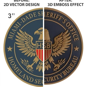 Może przedstawiać: Porównanie projektu wektorowego 2D i efektu wytłaczania 3D pieczęci biura szeryfa hrabstwa Miami-Dade. Pieczęć jest okrągła, granatowa i przedstawia złotego orła, tekst oraz litery "HSB". Pieczęć ma średnicę 7,6 cm.