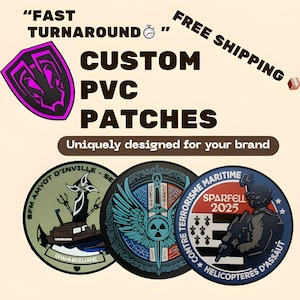 May include: Image of custom PVC patches with various designs. The text reads "FAST TURNAROUND" and "CUSTOM PVC PATCHES". The patches are round and feature military and brand-related graphics. The text "Uniquely designed for your brand" is also present.
