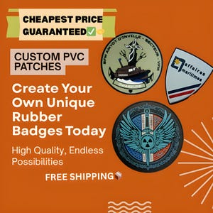 Könnte beinhalten: Auf orangefarbenem Hintergrund werden individuelle PVC-Patches präsentiert. Die runden und schildförmigen Patches zeigen verschiedene Designs mit Text und Grafiken. Der Text auf dem Bild lautet: "Erstellen Sie noch heute Ihre eigenen einzigartigen Gummi-Abzeichen."
