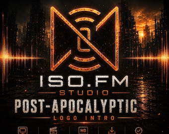May include: A promotional graphic for ISO.FM Studio, with an orange logo set against a dark, post-apocalyptic cityscape. Text includes "POST-APOCALYPTIC LOGO INTRO" and details like "CINEMATIC VISUALS" and "HD QUALITY".