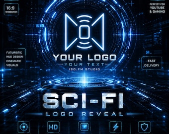 May include: A digital graphic in shades of blue, featuring the words "YOUR LOGO" and "SCI-FI LOGO REVEAL." The design incorporates a central logo, circular patterns, and icons representing HD quality, fast delivery, and commercial use.