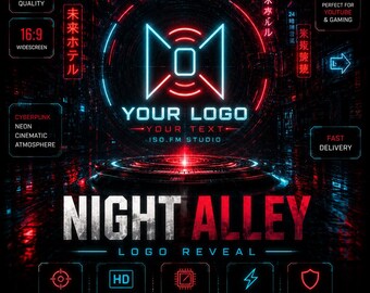 May include: A neon-style logo reveal design in red and blue. The design includes the text "YOUR LOGO" and "NIGHT ALLEY LOGO REVEAL". Additional text includes "HD Quality", "Cyberpunk", and "Fast Delivery".