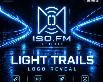 May include: A digital graphic featuring a neon blue logo and the text "ISO.FM STUDIO". The words "LIGHT TRAILS LOGO REVEAL" are displayed in large, bright blue letters. Additional text includes "HD QUALITY", "16:9 PERFECT FOR STREAMING", and icons for "SMOOTH ANIMATIONS", "HD RENDER", "FAST DELIVERY", and "COMMERCIAL USE".