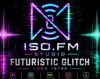 May include: A futuristic glitch logo intro for ISO.FM Studio. The design features a neon-style logo with a geometric shape and the text "FUTURISTIC GLITCH LOGO INTRO". The image includes icons for dynamic glitch FX, cinematic look, HD quality render, custom made, and fast delivery.