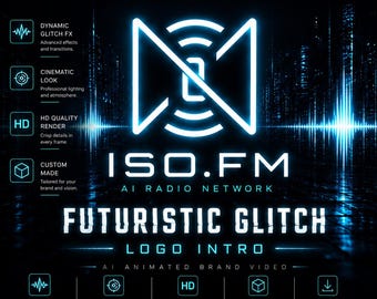 May include: A neon blue logo intro for ISO.FM, an AI radio network, with the text "FUTURISTIC GLITCH". The image promotes HD quality render, custom made, and fast delivery. The design is set against a dark background with a futuristic theme.