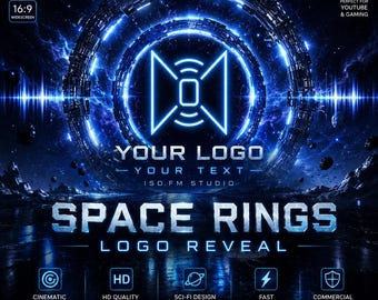 May include: A digital graphic with a space theme. The image features a glowing blue ring structure with a central logo area. Text includes "YOUR LOGO", "SPACE RINGS", and "LOGO REVEAL". Additional text indicates HD quality and cinematic visuals.