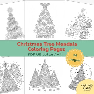 Puede incluir: Una colección de páginas para colorear de mandalas de árboles de Navidad en blanco y negro. Las páginas presentan ilustraciones detalladas de árboles de Navidad, adornos y escenas festivas. El texto de la imagen dice "Christmas Tree Mandala Coloring Pages" y "20 pages."