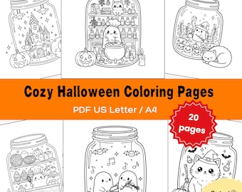 Könnte beinhalten: Schwarz-Weiß-Illustrationen zum Thema Halloween in Einmachgläsern. Die Bilder zeigen ein Spukhaus, Katzen, Geister, Kürbisse und Backwaren. Der Text lautet "Cozy Halloween Coloring Pages" und "20 Seiten."