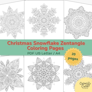 May include: A collection of black and white Christmas snowflake zentangle coloring pages. The pages feature intricate snowflake designs, perfect for creative coloring. The image includes text that reads "Christmas Snowflake Zentangle Coloring Pages" and "20 pages".