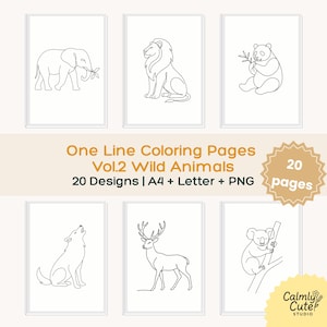 May include: Six framed art prints featuring line drawings of wild animals: an elephant, lion, panda, wolf, deer, and koala. The prints are part of a set of coloring pages with the text "One Line Coloring Pages Vol.2 Wild Animals".