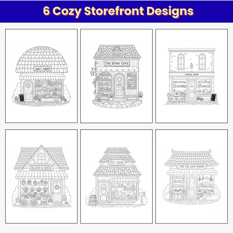 Cozy Storefront Coloring Pages | 6 Cottage Shops Printable Art ...