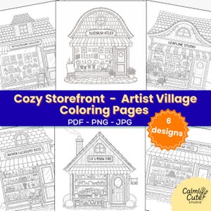 Op de afbeelding: Zwart-wit kleurplaten met zes gezellige winkelontwerpen. Elke winkel heeft unieke architectonische details en winkelnnamen zoals "Petalframe Gallery" en "Bluebrush Atelier". De tekst "Cozy Storefront - Artist Village Coloring Pages" is ook zichtbaar.