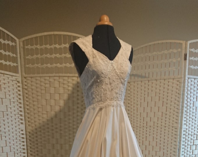 sample wedding dress in ivory silk with hand beaded lace, ankle length, reduced price