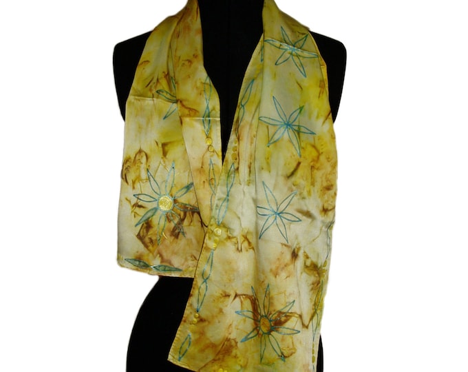 Long  silk scarf in yellows and ochres with blue flowers, one of a kind