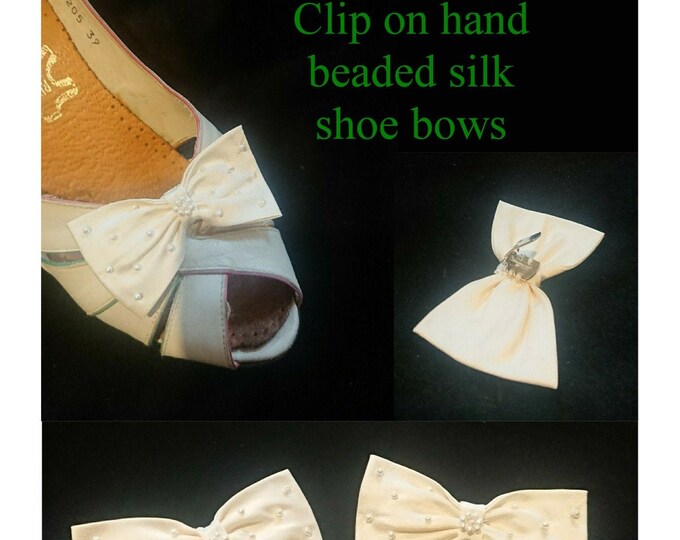 Shoe bows. ivory clip on silk hand beaded, wedding shoe accessory