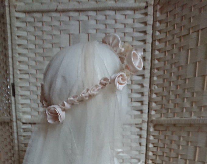 Bridal hair garland crown made of handmade silk rosettes