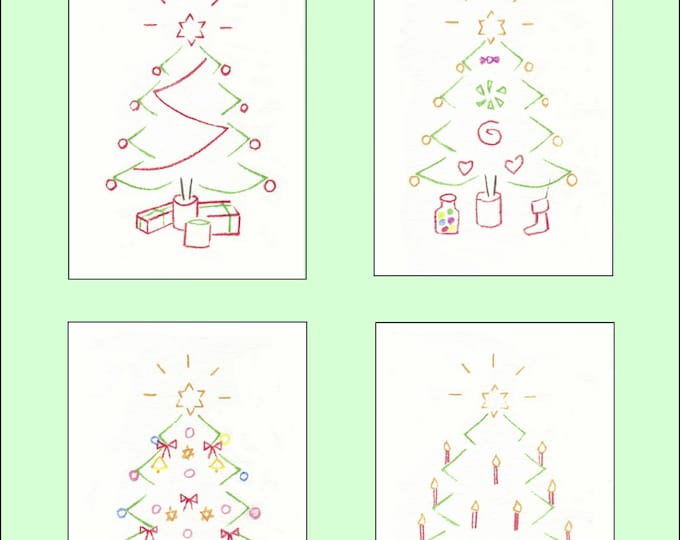 Christmas Tree cards individually hand drawn from hand cut stencils, blank inside card