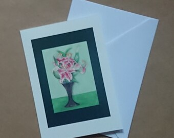Vase of Lilies card and original oil pastel art framed