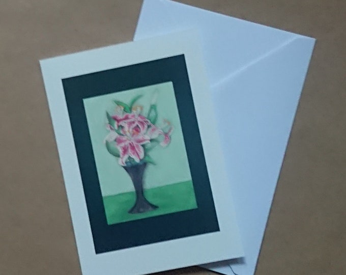 Vase of Lilies card and original oil pastel art framed