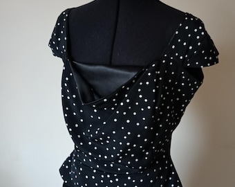 Black satin dress with polka dot bodice, peplum and front cowl, Christmas dress, evening party or occasion dress
