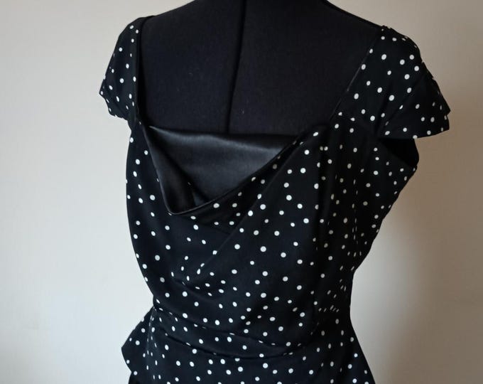 Black satin dress with polka dot bodice, peplum and front cowl, Christmas dress, evening party or occasion dress