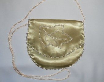 Small evening bag. Green satin hand beaded evening pochette shoulder bag