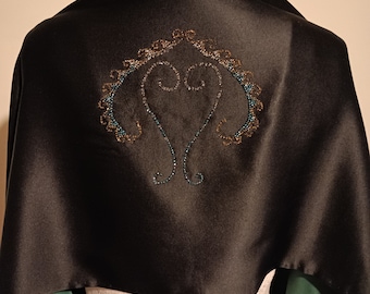 Black silk satin stole hand beaded with original design and lined with green silk