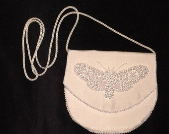 Small ivory silk bag with pink and pearl type beads, hand beaded butterfly