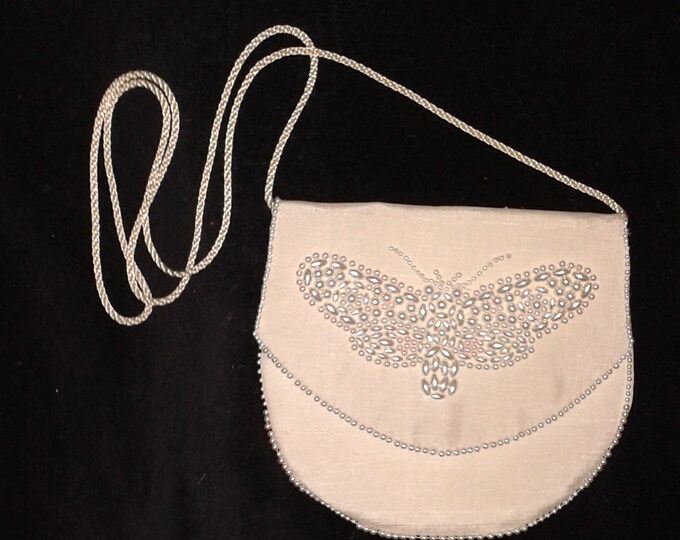 Small ivory silk bag with pink and pearl type beads, hand beaded butterfly