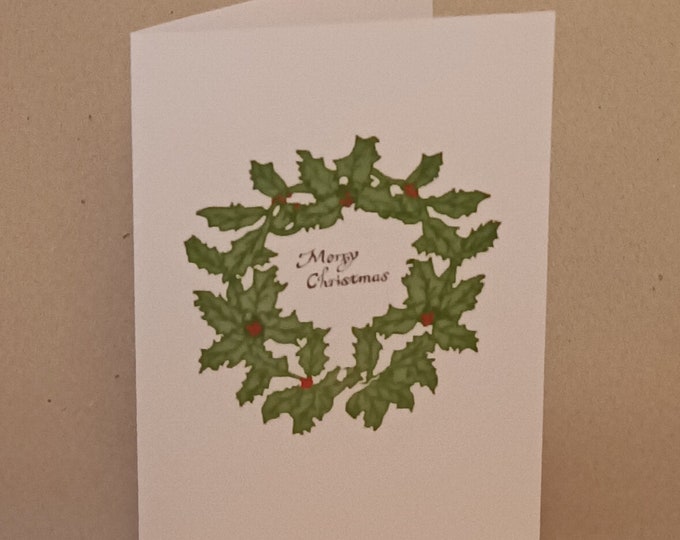 Merry Christmas blank inside  handmade  Christmas card of a Holly Wreath
