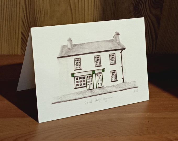 Lamb Shop, Cilycwm.  Blank inside card and pencil drawing of a Listed Welsh house on the Drovers Trail, Carmarthenshire