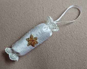 Christmas hand beaded hanging decorations. Silk cracker with star, winter wedding favour
