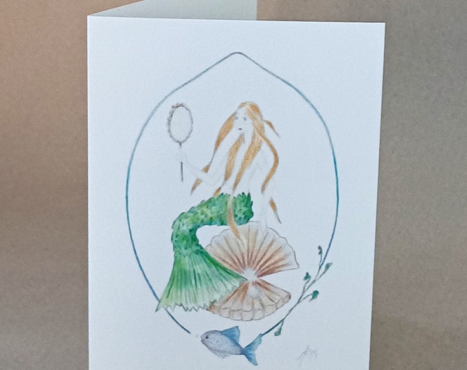 Mermaid with Mirror card, original Mermaid artwork, prints to order