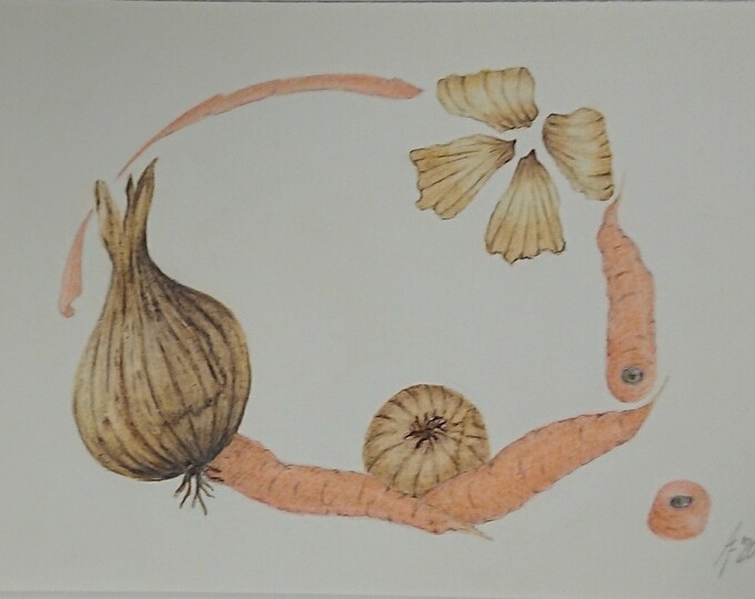 Carrot and onion harvest basket kitchen picture, original pencil art entitled Harvested from Earth's Darkness