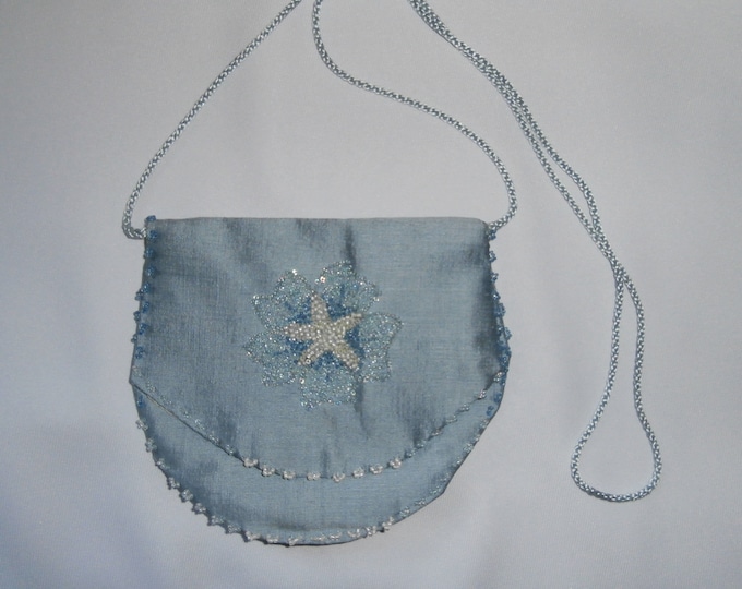 Blue silk bag, hand beaded luxury