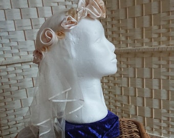 Bridal hair garland crown made of handmade silk rosettes