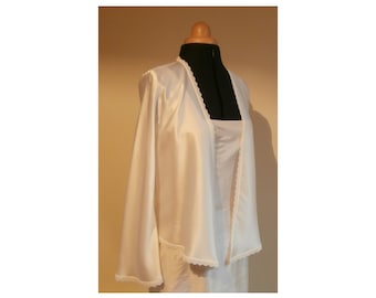 Ivory silk satin jacket with lace trim, unlined edge to edge style jacket with no fastenings