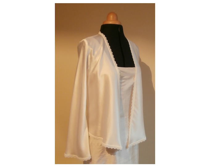 Ivory silk satin jacket with lace trim, unlined edge to edge style jacket with no fastenings