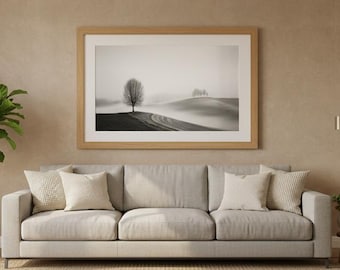 Foggy Landscape Print: Black and White Tree Photography (Digital Download)