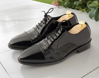 Black Patent Leather Alligator Oxford Shoes Men Luxury Wedding Formal Prom Dress Shoes