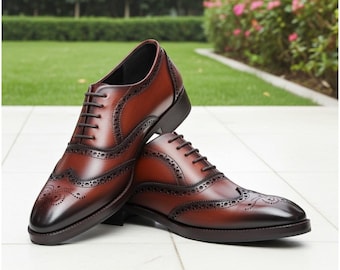 Handmade Brown Leather Wingtip Oxford Shoes for Men | Classic Brogue Dress Shoes